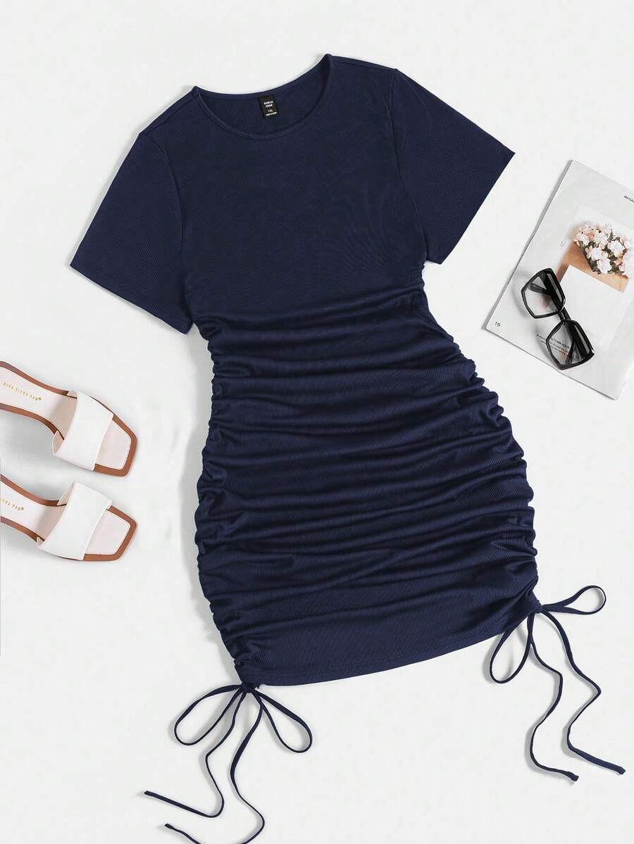 Rustia Plus Size Women's Summer Navy Blue Dress,Smart Casual Night Outfits Short Sleeve Drawstring Ruched Fitted Bodycon Shirred Solid Color Everyday Dress - Navy Blue - View 1