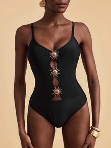 Travachic 女士纯色金属太阳装饰镂空性感吊带连体泳衣 - 黑色 - 查看 4