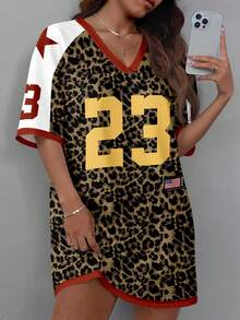 SHEIN EZwear Plus Size Vintage Leopard Print 23 Graphic Dress, Suitable For Summer Music Festival Outfit - Multicolor - View 1