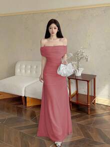 Modelyn Women's Off Shoulder Ruched Waist Elegant Wedding/Occasion Dress - Coral Pink - View 7