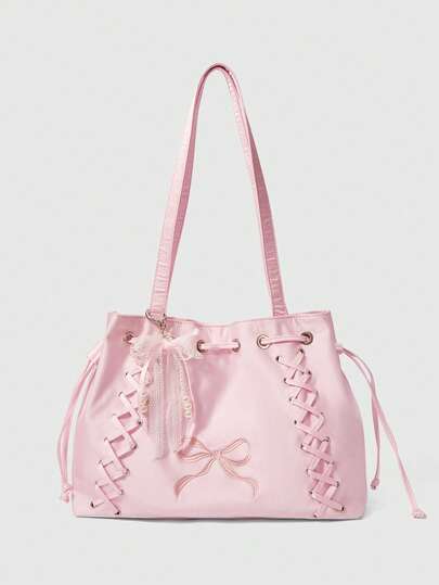 ROMWE Kawaii Lolita Style Bow Embroidery Pink Tote Bag Lace Pearl Decorative Strap Tote Bag Versatile Underarm Bag