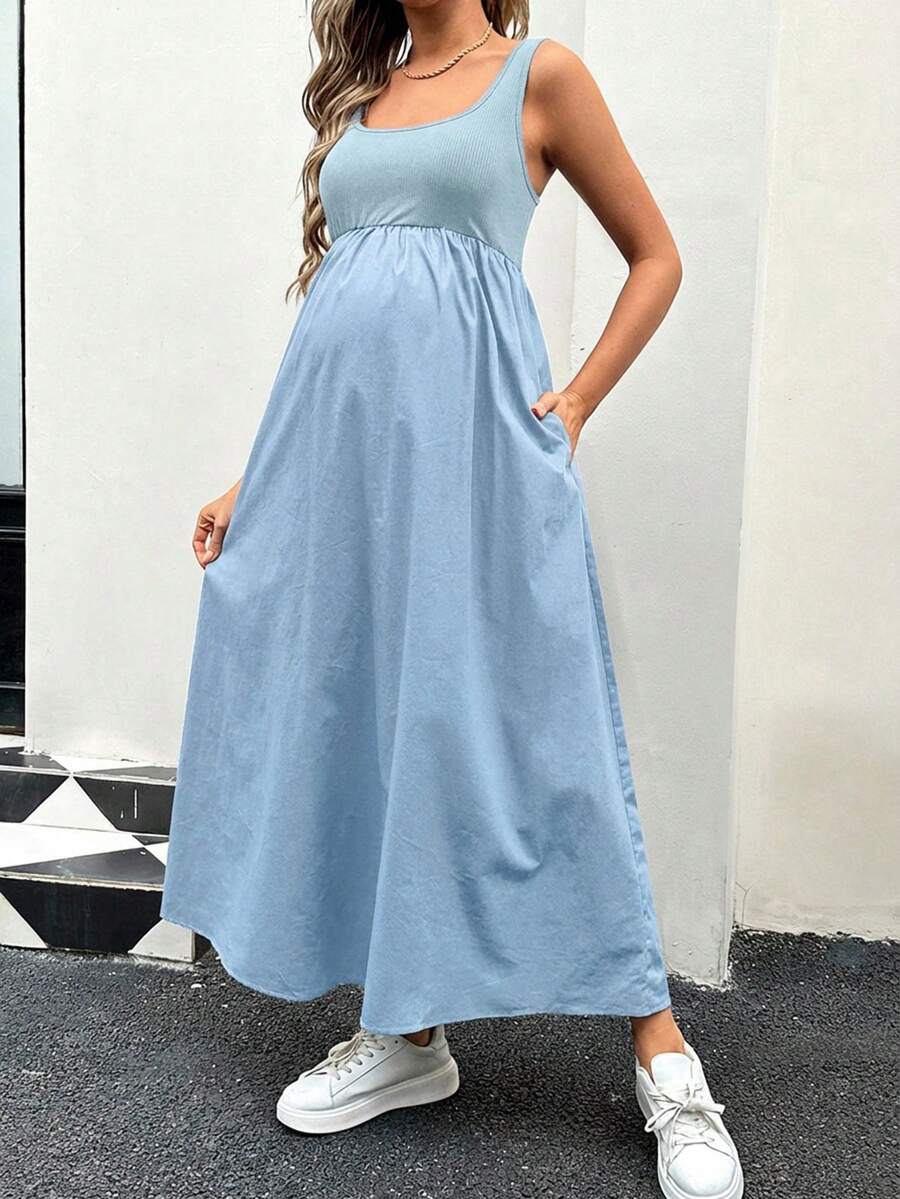 SHEIN 孕妇夏季休闲度假通勤撞色口袋连衣裙 - 淺藍色 - 查看 1