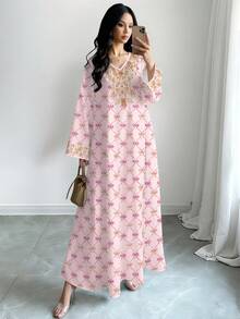 SHEIN Najma فستان طويل بياقة ربطة العنق مطبوع بطبعة التطريز الزائف، طويل الأكمام بياقة على شكل حرف V، فستان ماكسي طويل مزخرف بالزهور للنساء للربيع والصيف، طقم أنيق بطراز عربي، مناسب للعطلات والمناسبات والاستخدام اليومي - متعدد الألوان - مشاهدة 1