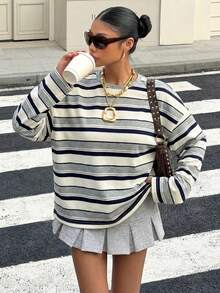 Muchica Grey Striped Knit Loose Fit Dropped Shoulder Long Sleeve Round Neck T-Shirt For Women - Grey - View 4