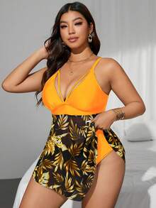 Swim Lushoire Bộ bikini 2 mảnh dành cho nữ cỡ lớn, in họa tiết lá nhiệt đới ngẫu nhiên, áo crop top cổ chữ V xẻ sâu phối lưới và quần tam giác cạp cao, thích hợp mặc đi nghỉ mát. - Màu vàng - Xem 4