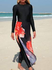 Swim Shayni New Black Long Sleeve Swimsuit With Red Floral Print Mesh Skirt Overlay, 2-Piece Set - Multicolor - View 3