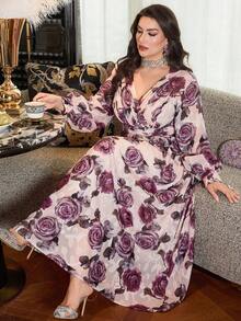 Modelyn Floral Print V-Neck Long Sleeve Waist Fit A-Line Plus Size Dress, Suitable For Spring And Autumn - Multicolor - View 3