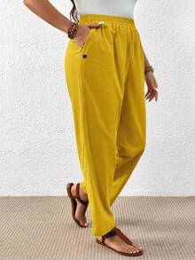 EMERY ROSE Plus Size Women Casual Mustard Yellow Linen Pants,Summer Boho Vacation Holiday Solid Color Elastic Waist Loose Wide Leg Trousers With Side Pockets - Yellow - View 5