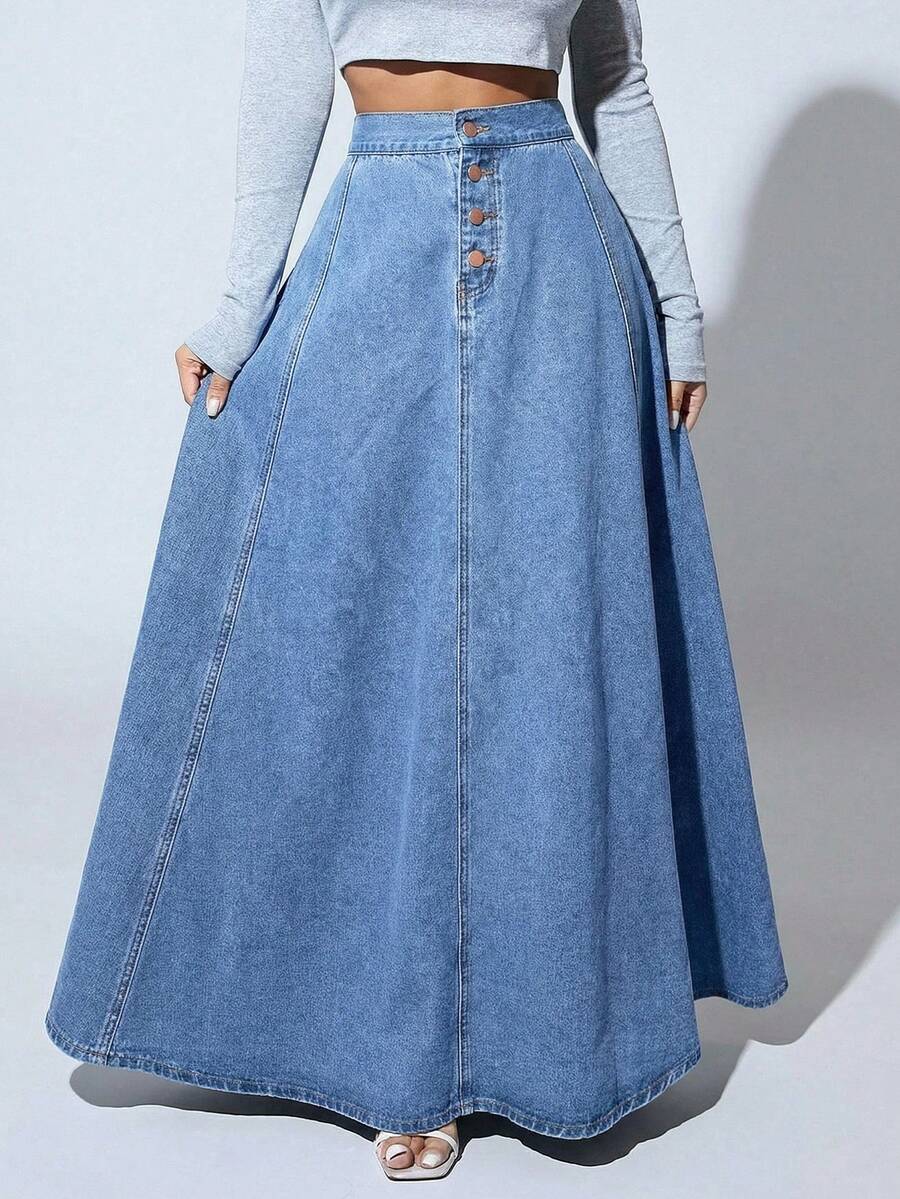 Slaydiva Plus Size Women Button Fly Casual Commuting Extra Long Denim Skirt - Light Wash - View 1