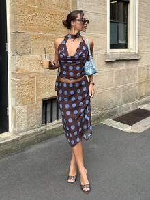 Siren Gaze Women's Brown And Blue Chiffon Polka Dot Midi Skirt With An Asymmetrical Hem, Island Vacation Style, Fashionable Summer Women's Wear Polka Dot Dress Women French Dress Wrap Dress Midi Dresses For Summer - Brown - View 3