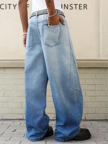 Manfinity EMRG Men's Casual Loose Fit Distressed Flared Leg Blue Jeans - Medium Wash - View 6