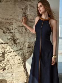 MOTF PREMIUM Đầm denim nữ dáng ôm, thiết kế phối màu tương phản, cổ yếm, thắt eo, thích hợp cho mùa xuân/hè. - Màu xanh lam - Xem 5