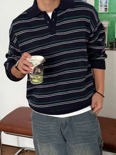 DAZY Jersey de cuello polo a rayas azul marino para hombre, otoño/invierno