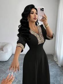 Elenzga Đầm midi nữ màu mơ thời trang mới, cổ chữ V, tay phồng, thêu họa tiết ngọc trai, ôm dáng, thích hợp mặc hàng ngày, dự đám cưới, dạ hội, đi làm, tiệc tốt nghiệp, kỳ nghỉ, du lịch, hẹn hò, tiệc tùng, Halloween, Giáng sinh, Năm mới, Lễ Tạ ơn, đám cưới. - màu đen - Xem 5