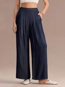 Uhlyne 女士褶裥口袋设计阔腿宽松休闲牛仔裤 - 藍色 - 查看 3