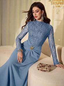 Modelyn Women Elegant Blue Floral Lace Bodice Midi Dress,Spring And Summer Long Sleeve High Neck Party Gown With Butterfly Buckle & Modest A-Line Silhouette - Blue - View 7