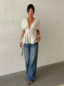 Aloruh 卡其色V领短袖衬衫，优雅商务休闲纯色上衣 - 卡其色 - 查看 6