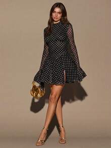 SHEIN BAE 女士时尚波点印花喇叭袖迷你连衣裙 - 黑色 - 查看 3