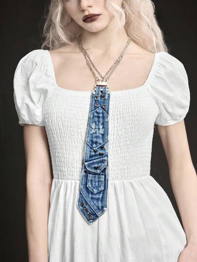 ROMWE Grunge Punk Y2K Punk Metal Ring Accessories, Multiple Eye & Pocket Design, Distressed Edge Necktie For Women, Personalized Cool Unique Decorative Ornaments