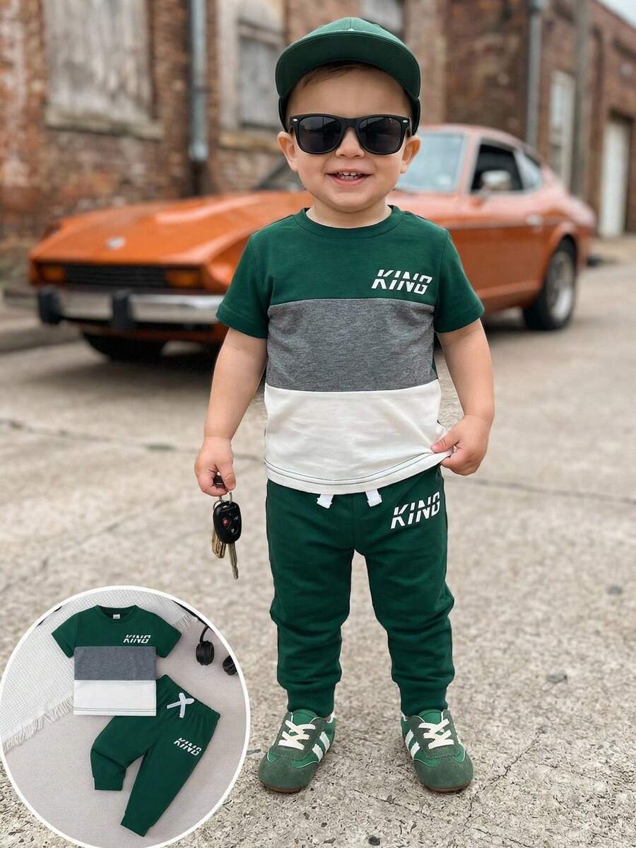 SHEIN Playful Pals Bộ 2 món cho bé trai gồm áo thun ngắn tay cổ tròn in chữ phối màu và quần cạp chun, thích hợp mặc hàng ngày, trang phục bé trai, mùa thu, phù hợp cho bé trai 3 tuổi, quần áo trẻ sơ sinh và trẻ nhỏ, mùa thu. - Nhiều màu - Xem 1