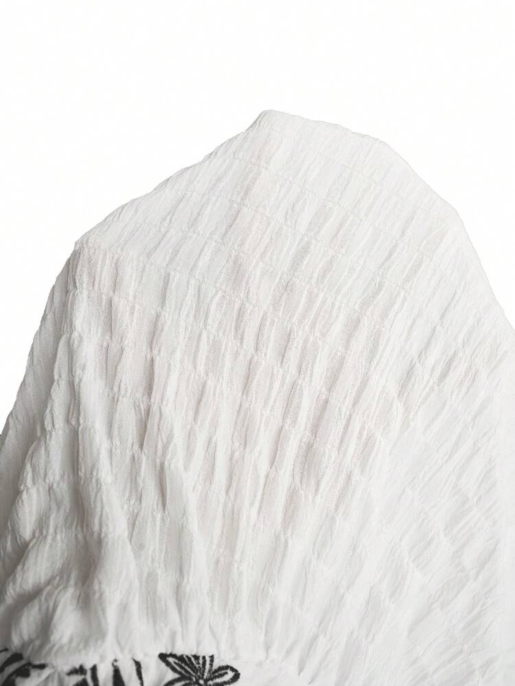 Plus Size Women's Summer Casual Vacation Country Solid Color Floral Embroidery Ruched Casual Versatile Daily Wear White Blouse,Summer Holiday,Spring Break,Vacation,Holiday,Going Out,2026 New,Simple And Fashionable For Everyday Wear,Casual Vacation Boho Top,Suitable For Summer, Vacation, Commute, Daily Wear Boho Blouse