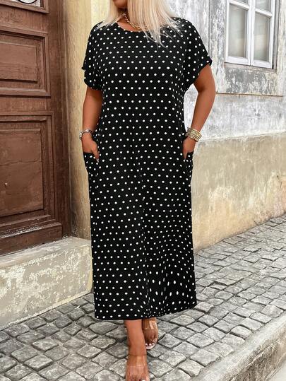 Breezaya Plus Size Women Polka Dot Print Round Neck Batwing Sleeve Casual Dress
