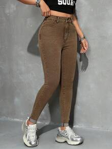 SHEIN EZwear Women's Casual Everyday Pockets Button Denim Jeans - Brown - View 4