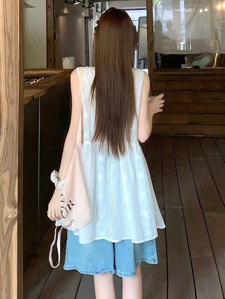 Women's Floral Embroidery Tie Front Casual Versatile Long Top For Daily Wear Summer
