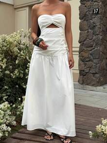 Livesso Vestido camisero blanco calado de primavera y verano, con silueta ajustada y sexy, adecuado para festivales de música, San Valentín, boda, vacaciones de playa casual, vestido midi bandeau de estilo boho para mujer - Blanco - Ver 3