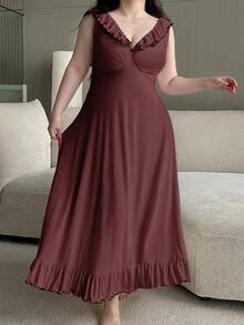 Dazy Plus Elegant Ruffled V-Neck Wrap Long Nightgown Sleepwear - Burgundy - View 4