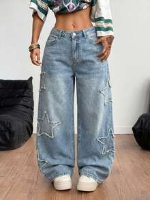 Coolane Quần jeans nữ phong cách thể thao năng động, bụi bặm, họa tiết ngôi sao, bạc màu, kiểu dáng rapper. - Rửa nhẹ - Xem 4