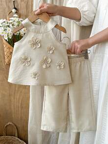 Vintaside Kids Bộ 2 món cho bé gái, áo không tay và quần họa tiết hoa 3D dễ thương, thích hợp mặc mùa xuân, hè, thu, ở nhà, ngoài trời, du lịch, nghỉ lễ, dự tiệc và mặc hàng ngày. - Màu Khaki - Xem 3
