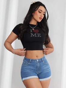 SHEIN EZwear 女士水洗高腰卷边牛仔短裤，时尚百搭 - 中等水洗藍 - 查看 4