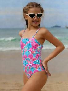 SHEIN 少女两件式吊带泳衣，可爱海洋生物印花，吊带上衣和泳裤，适合旅行、海滩、夏季穿着 - 彩色 - 查看 1