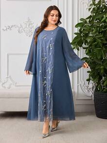 Al Najma Vestido elegante de estilo árabe de mujer talla grande con parches y bordado 3D en gasa - Multicolor - Ver 4