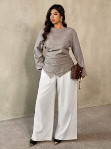 Auralis Áo kiểu nữ thu đông mới, thời trang, dáng suông, xếp ly eo, vạt bất đối xứng, tay dài loe/Áo công sở thanh lịch, cỡ lớn, chất liệu kiểu đuôi cá/Áo kiểu mùa xuân thu, áo tay dài màu xám, áo tay dài màu nâu, áo tay dài màu xám - Màu Khaki - Xem 4