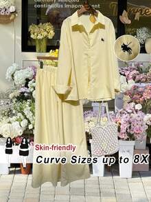 SHEIN CURVE+ 尺码 US22 适合音乐节、海滨度假、波西米亚休闲通勤的条纹衬衫和裤子两件套，可爱套装，适合曲线身材的女士，沙滩装扮 - 黃色 - 查看 1