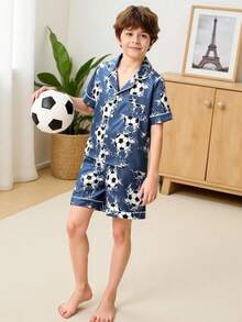 男童休闲足球印花短袖Polo衫和短裤两件套，舒适夏季家居服 - 彩色 - 查看 3