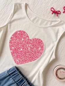 SHEIN Set de 2 piezas: Parte superior sin mangas de cuello redondo y falda vaquera con estampado de corazón para niñas, conjunto de top de cuello redondo minimalista casual y falda vaquera, conjunto de 2 piezas con falda utilitaria de cintura elástica y bolsillos planos, cómodo y casual, adecuado para la escuela y el campus - Blanco - Ver 4