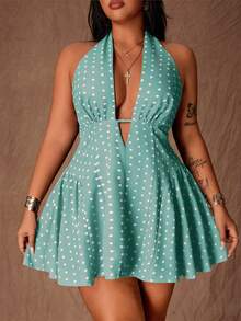 Rustia Plus Size Women's Polka Dot Halter Tie Sexy A-Line Mini Dress - Cadet Blue - View 5