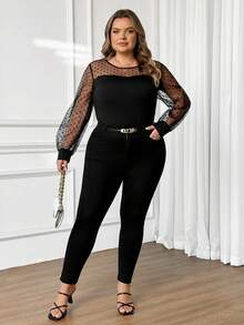 SHEIN CURVE+ Plus Size Women Flocked Polka Dot Mesh Patchwork Jumpsuit - Black - View 7