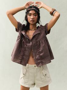 SoleilVie 女士复古格子荷叶领花瓣袖休闲衬衫 - 紅色 - 查看 3