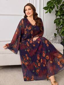 Al Najma Robe maxi ample à manches longues, col V, imprimé floral, style décontracté, pour le printemps/été, grande taille, pour femmes, style arabe - Multicolore - Voir 3