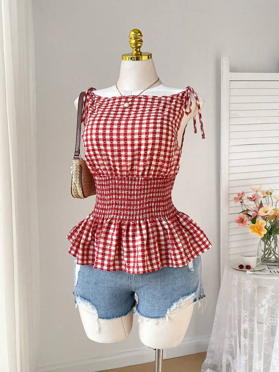 Comfortcana Plus Size Women Plaid Tie Shoulder Drawstring Waist Ruffle Hem Sleeveless Blouse, Summer 2026 New Arrival Tops - Red - View 1