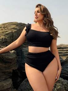 Swim Lushoire Plus Size Women's Black 2-Piece Swimwear,Elegant Flounce Shoulder Summer Holiday Beach Tropical Formal Evening Bandeau Tummy High Waist - Black - View 1