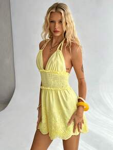 TRNVIE Summer Casual Vacation Women's Textured Jacquard Halter Sexy Elastic Waist Wide Leg Romper, Suitable For Beach Holiday, Beach Party - Pale Yellow - View 5