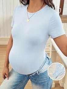 SHEIN Mono de maternidad de unicolor con ajuste ceñido y mangas cortas - Celeste - Ver 6