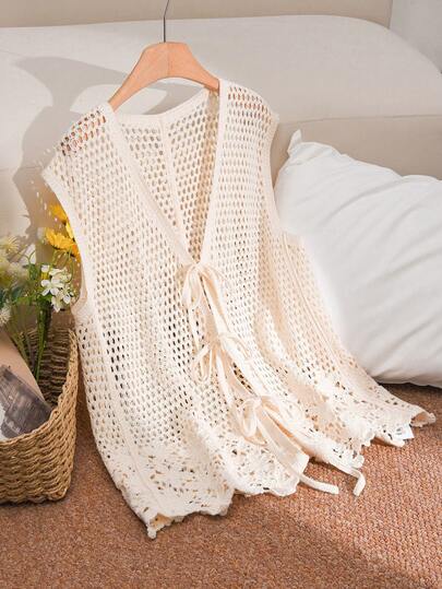 CosyJoli Plus Size Casual Vacation Style Open Front Bow Tie Strap Hollow Out Crochet Knit Vest Top