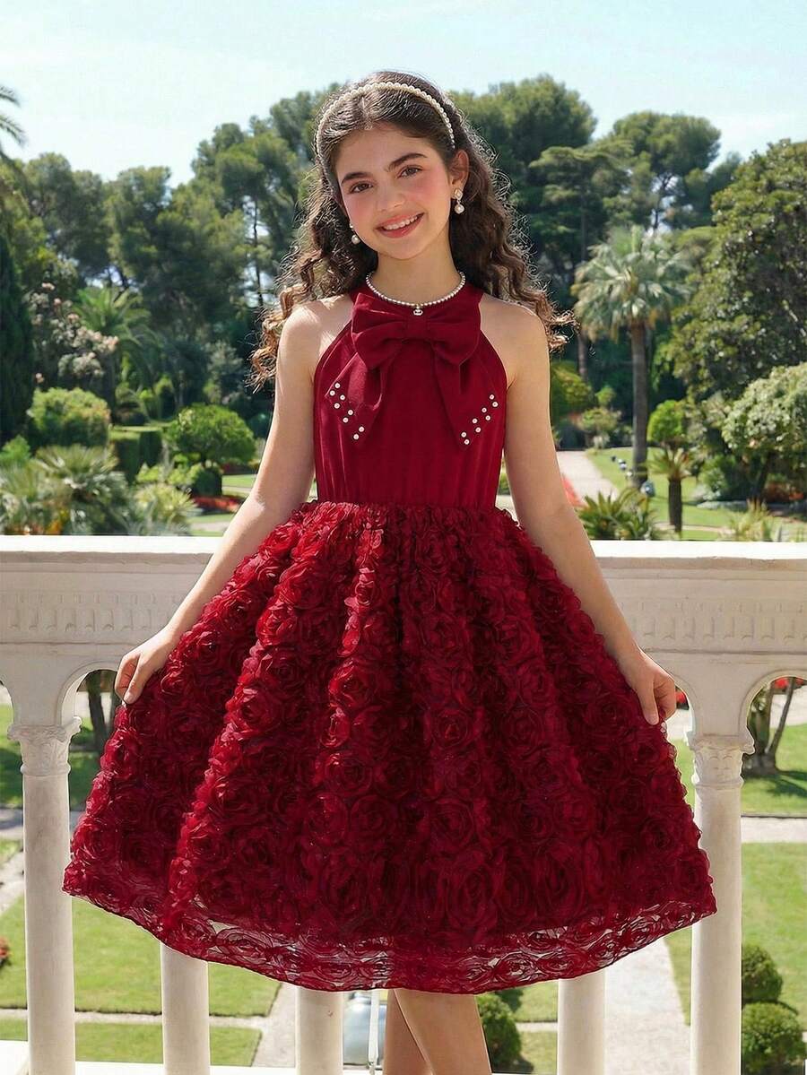 SHEIN Elegant Blue Sleeveless Dress For Tween GirlsSweet Princess Style With Bow Design, Fashionable And Graceful - Burgundy - View 1