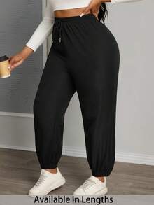 SHEIN Tall CURVE Quần jogger nữ cỡ lớn, màu trơn, cạp chun, kiểu dáng thường ngày. - màu đen - Xem 6